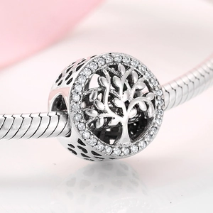 S925 sterling silver tree of life charm bead with cubic zirconia on snake chain