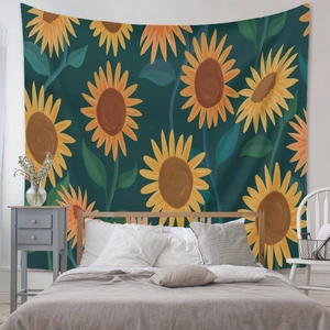 Detail of bohemian sunflower tapestry with hand-painted floral art on dark green background