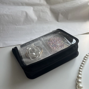 Detail of black multi-layer jewelry organizer with clear PVC bags and secure zipper closure