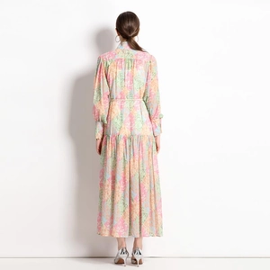 Ethnic retro floral maxi dress with balloon sleeves and waist belt back view