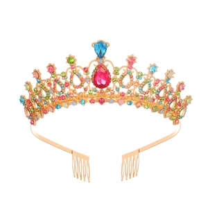 Luxurious gold crystal bridal tiara with colorful rhinestones and secure hair combs