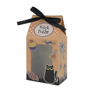 Halloween kraft paper treat box with window pumpkin ghost patterns and black ribbon