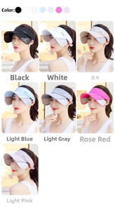 Detail view of seven colors of sun visors with retractable brims and sport logo print