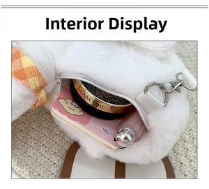 Macro detail of white plush duck bag showing interior capacity for makeup and accessories