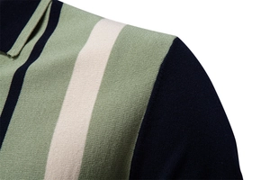 Macro detail of high-density knit fabric and vertical stripe stitching on polo shirt