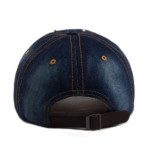 Denim baseball cap with star rhinestones showing rear adjustable strap and yellow stitching