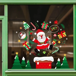 Christmas window decals with Santa Claus, snowmen, and candy canes for holiday glass decor
