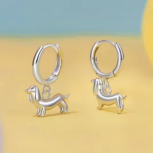 Cute S925 sterling silver dachshund puppy hoop earrings with polished animal charm