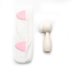White plush cat ear headband and double-sided facial cleansing brush skincare set