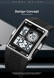 Macro view of digital sports watch dial with textured black strap and silver square case