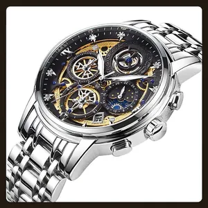 Men's silver steel skeletal watch featuring sun moon phase and automatic movement