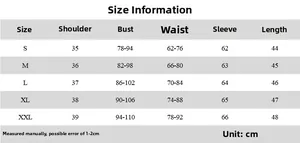 Detailed size chart for camouflage mesh long sleeve top from size S to XXL in centimeters