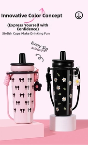 Close-up of stylish 316 stainless steel bottles with daisy and bow patterns and straps