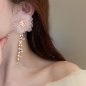 Detail von rosa Netzblumen-Ohrringen mit Perlenquasten an einem weiblichen Model