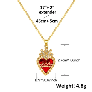 Detailed size map of gold heart crown necklace with red ruby pendant and crystal accents