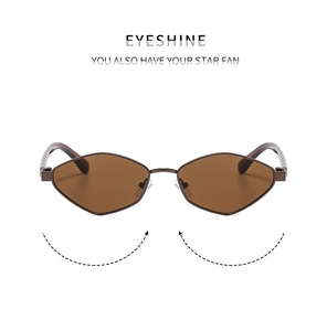 Detailed close-up of geometric polygon metal sunglasses with brown lenses and slim frames