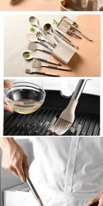 Detail view of khaki silicone kitchen utensils set with durable stainless steel handles
