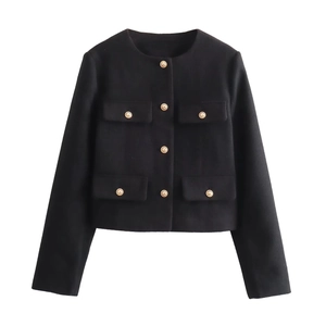 Detail of black cropped blazer featuring round neck and ornate gold embossed buttons