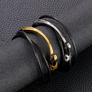 Double-layer black leather wrap bracelet with gold and silver metal hook clasp for outdoors