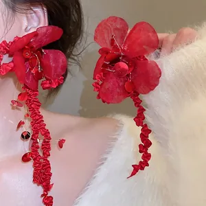 Red Fabric Flower Drop Earrings With Silver Earring Post Pleated Tassel Sequin Crystal Long Dangle Bohemian Women