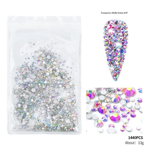 Macro detail of 1440pcs transparent AB flat bottom nail art rhinestones in package