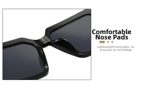 Detail of comfortable integrated nose pads on black square frame sunglasses