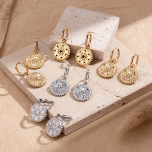 Stainless Steel Round Sunburst Pendant Hoop Earrings Colorful Zircon Vintage Bohemian Style Jewelry For Women
