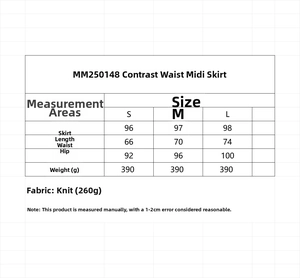 Detailed size chart for knit color-block midi skirt including length and waist measurements