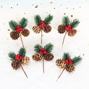 Set of 6 artificial pine needles with red berries and natural pine cones for Christmas decor