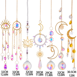 Set of 7 gold suncatchers with K9 crystal drops, lotus and moon metal frames