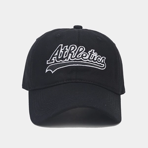 Close-up of white Athletics embroidery on the black cotton twill baseball cap