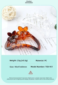 Detail view of floral PC hair claws in amber and clear tones with specific dimensions