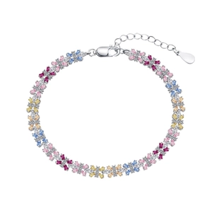 Elegante bracciale in argento S925 con fiori in zircone multicolore e chiusura a moschettone