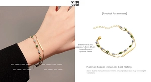 Detail of gold double-layered bracelet with olive green oil drip charms and adjustable chain
