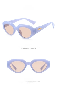 Detail view of purple cat eye sunglasses with golden metal hinge and brown lenses