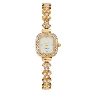 Detail of square gold quartz watch for women with sparkling rhinestones and floral bracelet