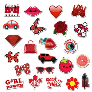 Close-up of red theme waterproof PVC stickers featuring hearts, lips, and roses on white