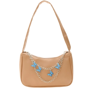 Beige PU leather shoulder bag with silver chains and blue butterfly charms decoration