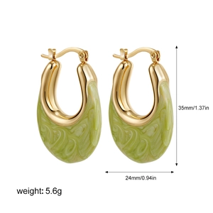U-shaped gold earrings with green marble enamel detail, size 35mm by 24mm spec view