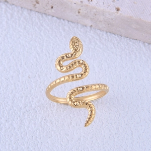 Golden snake-shaped stainless steel open ring with detailed textured scale patterns