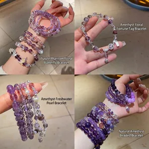 Amethyst and freshwater pearl wrap bracelet with butterfly and floral charms