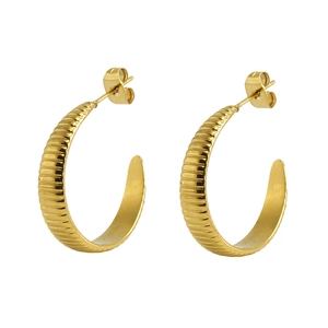 Classic gold stainless steel round hoop earrings with textured vertical stripe design