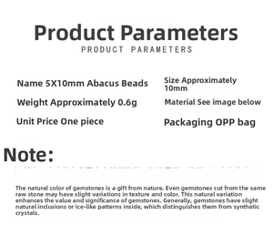 Detailed chart showing 5x10mm natural gemstone abacus bead specs and size details