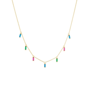 Macro shot of gold S925 silver chain necklace featuring colorful rectangle zircon pendants