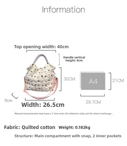 Detailed size chart of the quilted canvas tote bag with dimensions and A4 comparison