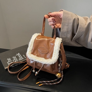Women Mini Backpack PU Leather White Plush Trim Faux Lamb Wool Retro Small Rucksack Fashion Daily Street Casual
