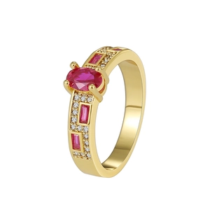 Elegant gold-plated ring with oval red zircon center stone and white micro-pave accents