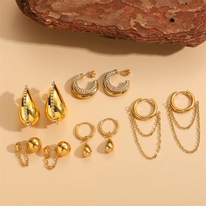 Collection of 18K gold plated titanium steel asymmetric tassel earrings with zircon