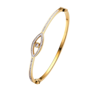 Gold stainless steel evil eye bangle with sparkling pave white rhinestones for women