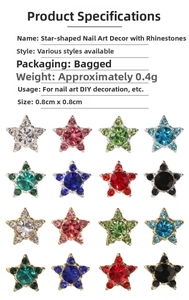 Detailed chart of assorted 8mm rhinestone star nail charms in gold and silver settings